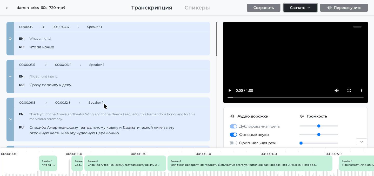 Редактор перевода Speeek: фраза «Что за но́чь» со знаком ударения